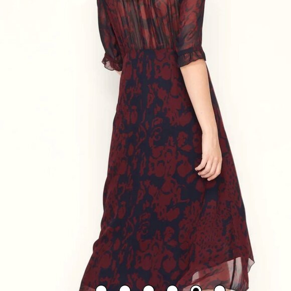 ba&sh dress Baleares Midi Dress Ruffled Collar Navy Maroon Size Small (4-6) NWT - Picture 2 of 16